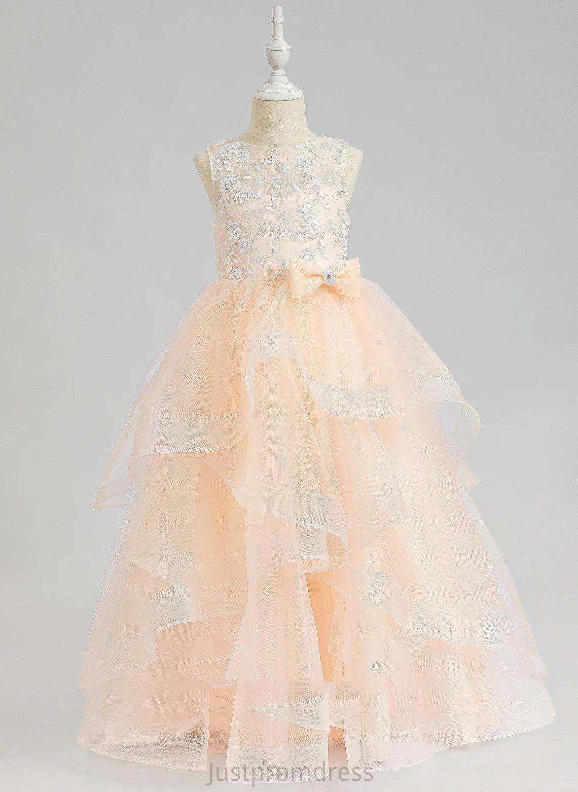 - Tulle Scalloped Lace/Flower(s)/Bow(s)/V Floor-length Judy Neck Girl Sleeveless Dress Flower Ball-Gown/Princess Flower Girl Dresses With Back