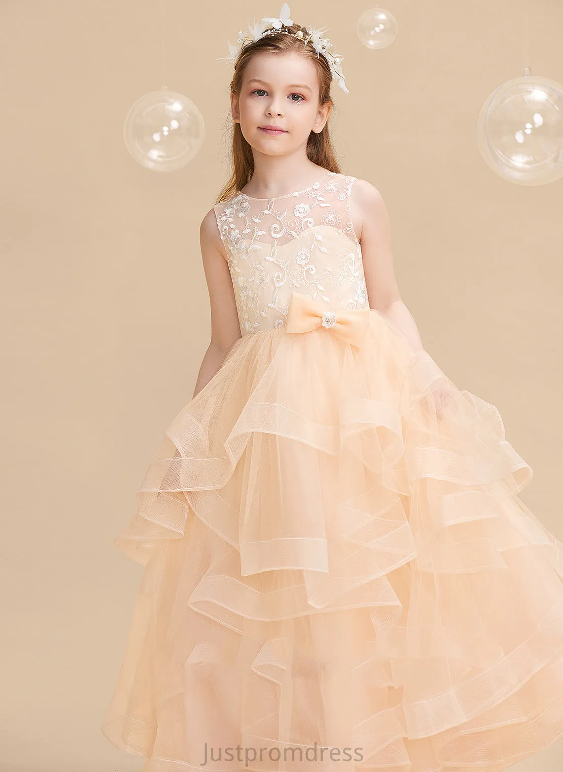 - Tulle Scalloped Lace/Flower(s)/Bow(s)/V Floor-length Judy Neck Girl Sleeveless Dress Flower Ball-Gown/Princess Flower Girl Dresses With Back