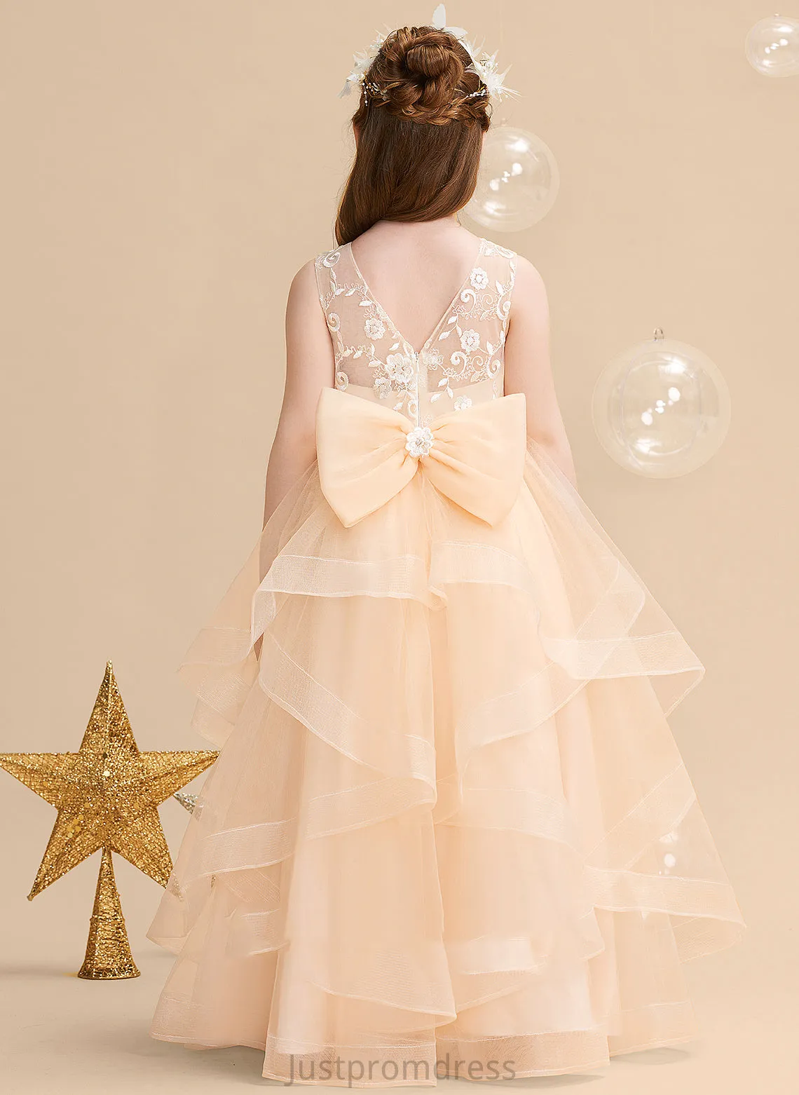 - Tulle Scalloped Lace/Flower(s)/Bow(s)/V Floor-length Judy Neck Girl Sleeveless Dress Flower Ball-Gown/Princess Flower Girl Dresses With Back