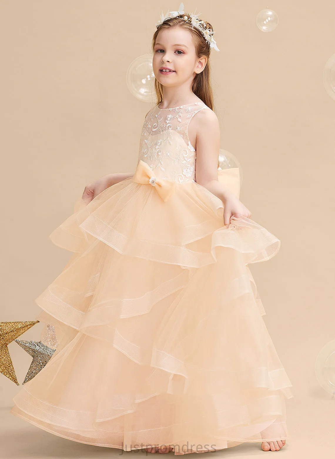 - Tulle Scalloped Lace/Flower(s)/Bow(s)/V Floor-length Judy Neck Girl Sleeveless Dress Flower Ball-Gown/Princess Flower Girl Dresses With Back