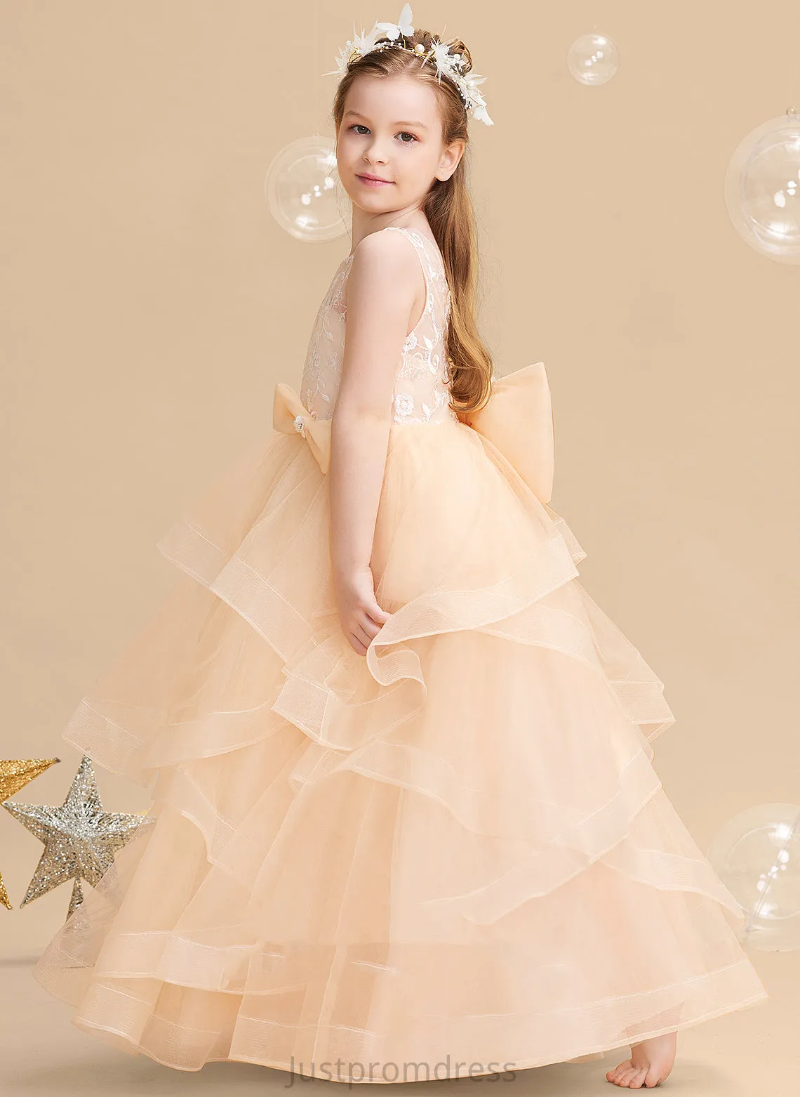 - Tulle Scalloped Lace/Flower(s)/Bow(s)/V Floor-length Judy Neck Girl Sleeveless Dress Flower Ball-Gown/Princess Flower Girl Dresses With Back
