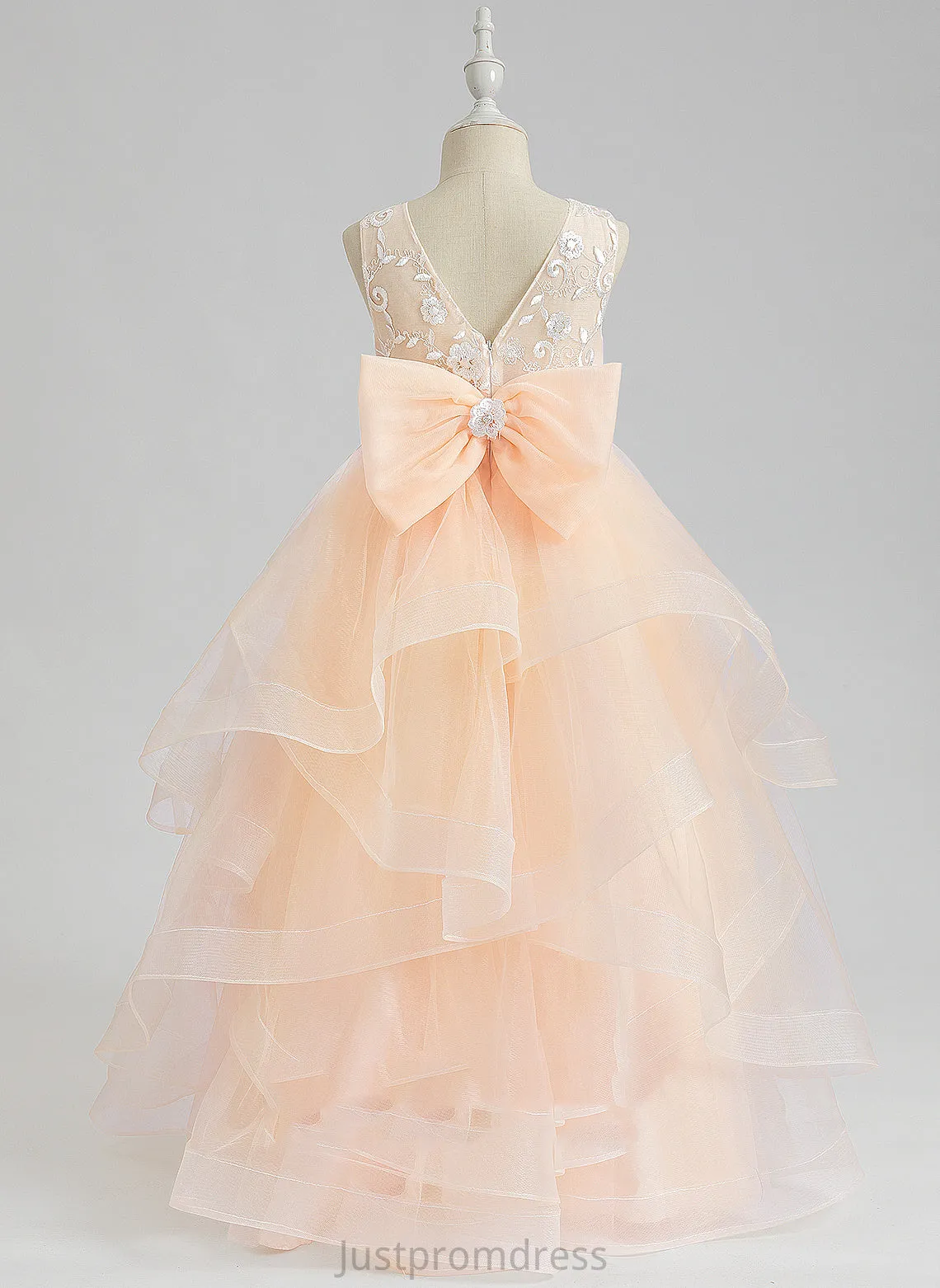 - Tulle Scalloped Lace/Flower(s)/Bow(s)/V Floor-length Judy Neck Girl Sleeveless Dress Flower Ball-Gown/Princess Flower Girl Dresses With Back