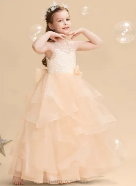 - Tulle Scalloped Lace/Flower(s)/Bow(s)/V Floor-length Judy Neck Girl Sleeveless Dress Flower Ball-Gown/Princess Flower Girl Dresses With Back