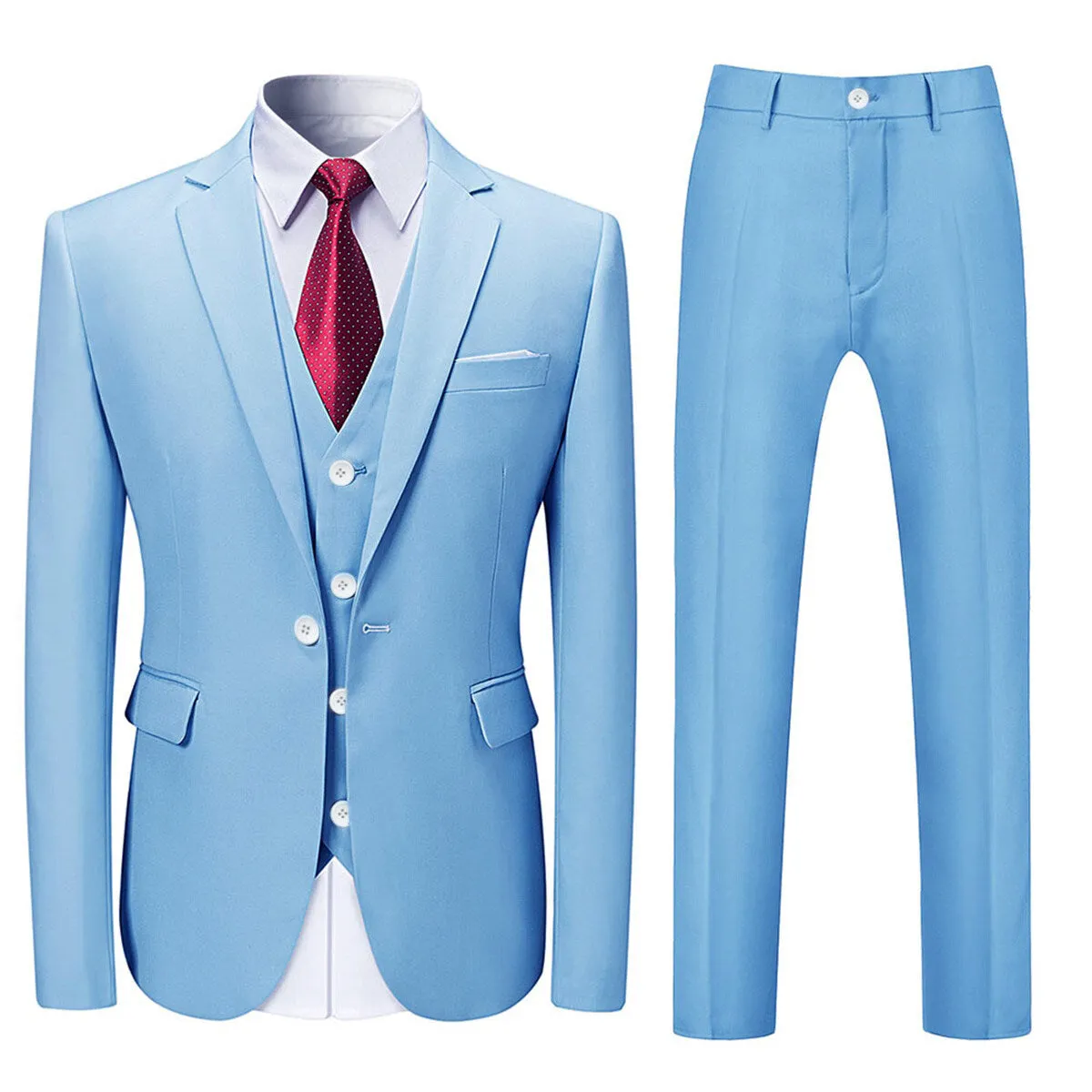 3-Piece Slim Fit Solid Color Jacket Smart Wedding Formal Suit Sky Blue