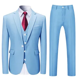 3-Piece Slim Fit Solid Color Jacket Smart Wedding Formal Suit Sky Blue