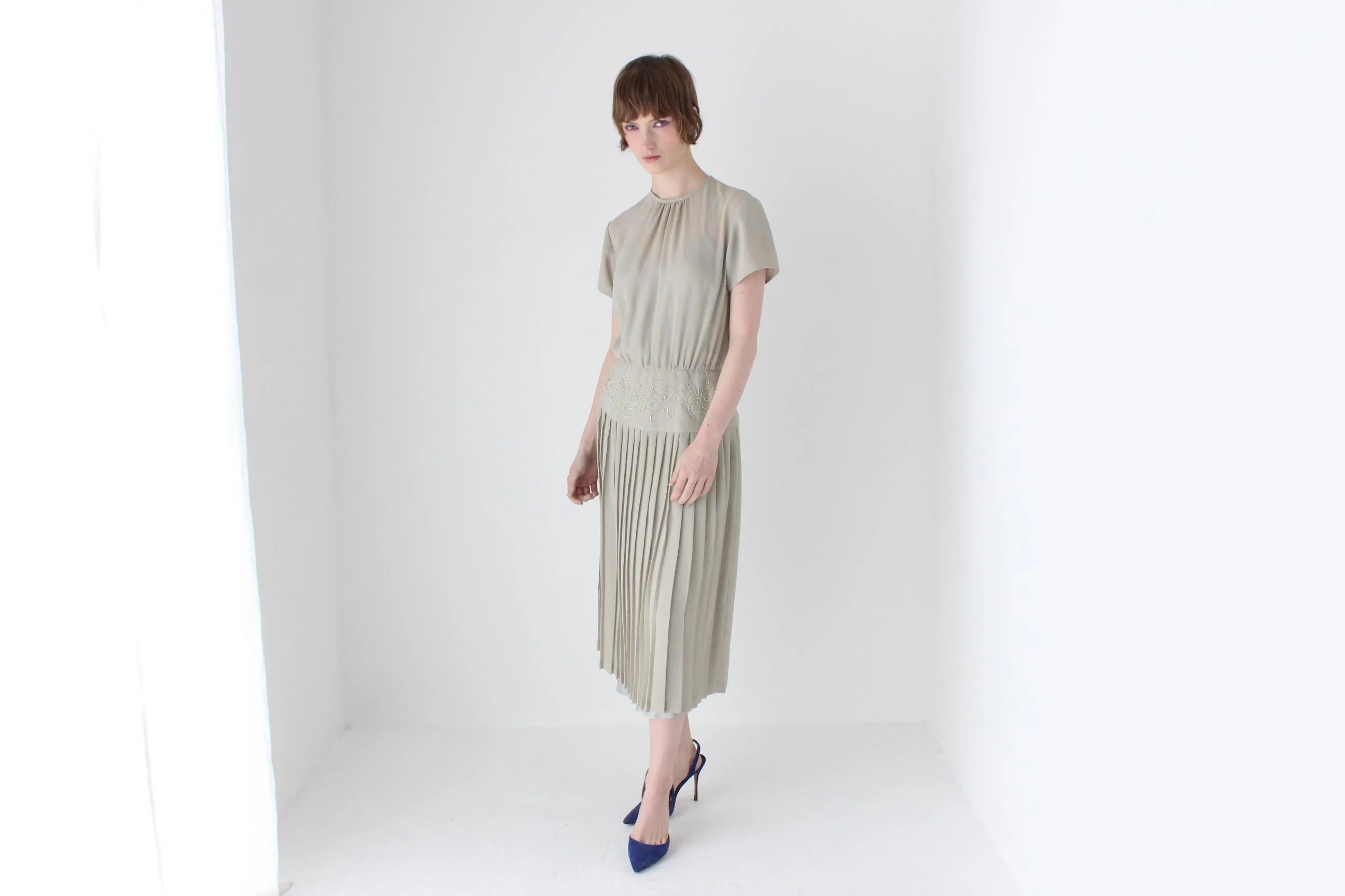 80s Australian Vintage Elegant Sheer Sage Drop Waist Pleated Peplum Dress