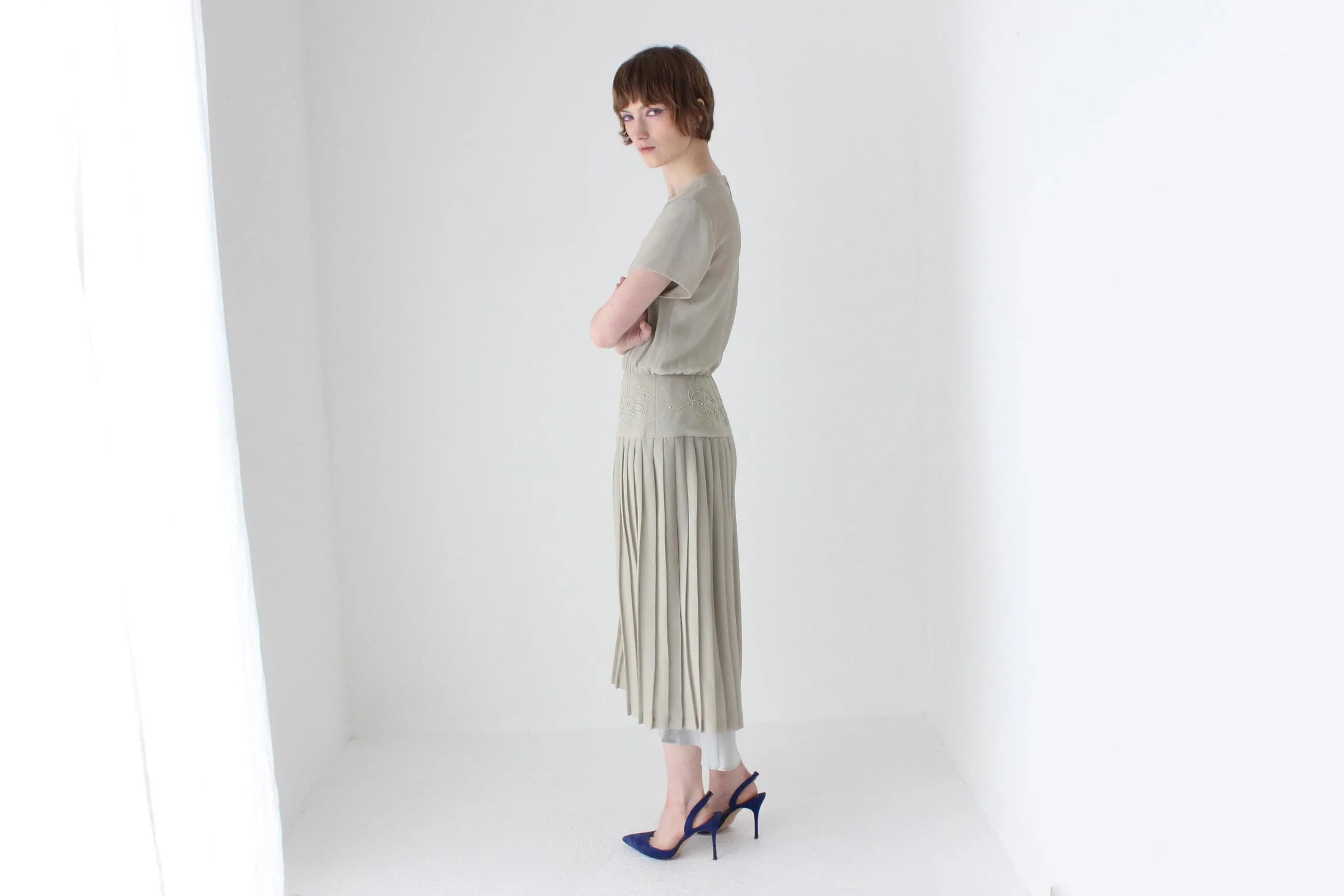 80s Australian Vintage Elegant Sheer Sage Drop Waist Pleated Peplum Dress