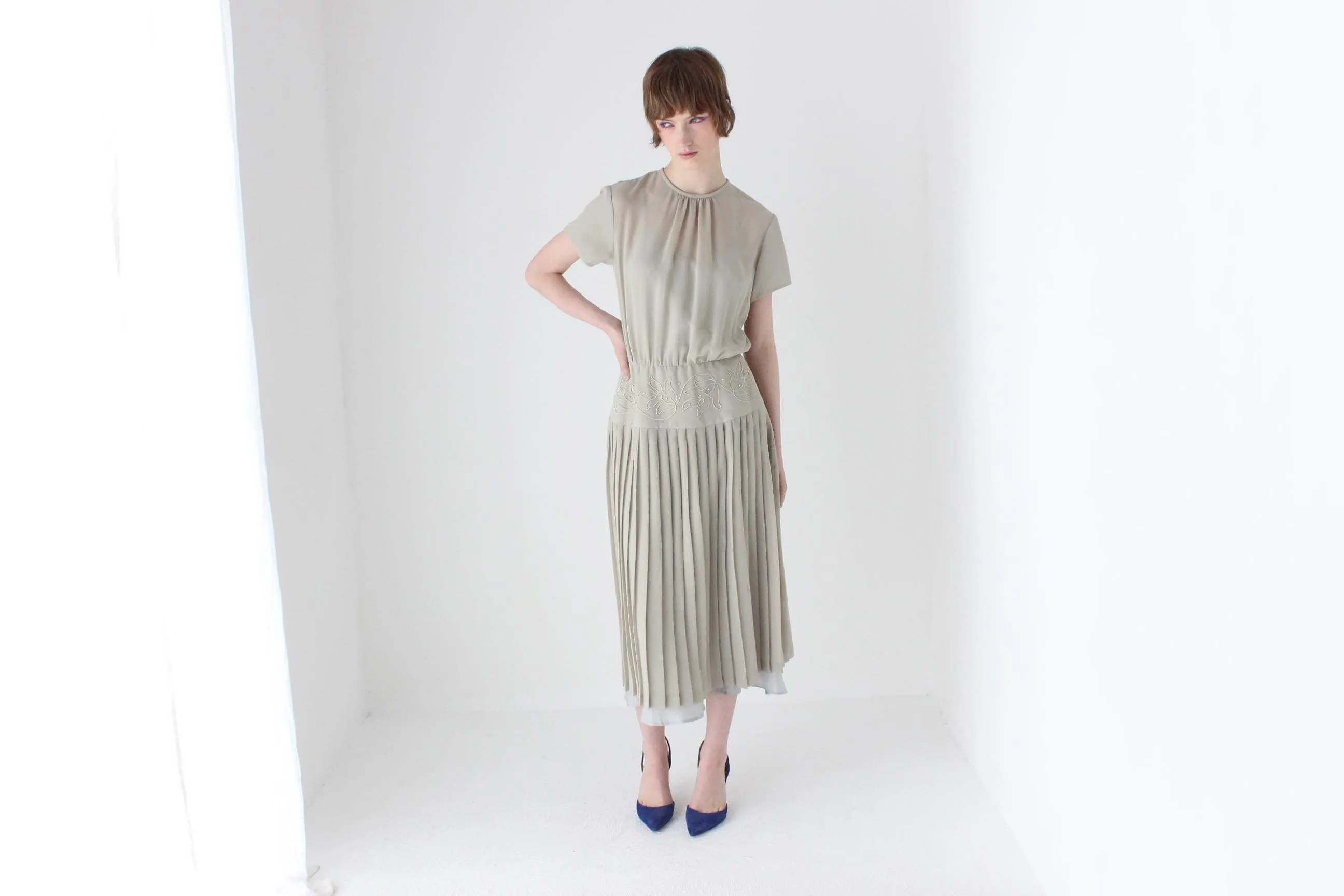 80s Australian Vintage Elegant Sheer Sage Drop Waist Pleated Peplum Dress