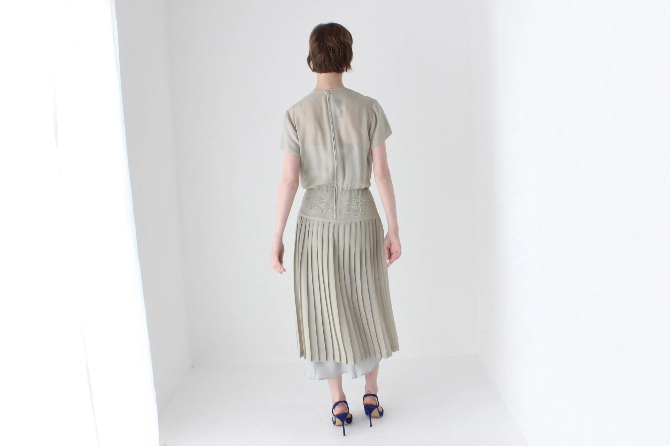 80s Australian Vintage Elegant Sheer Sage Drop Waist Pleated Peplum Dress