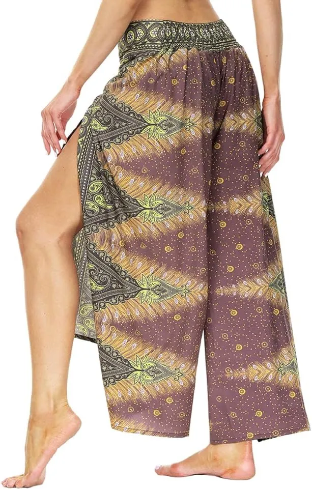 Ainuno Boho Pants Wide Leg Palazzo Pants with Slits for Women Flowy Hippie Pants Thin