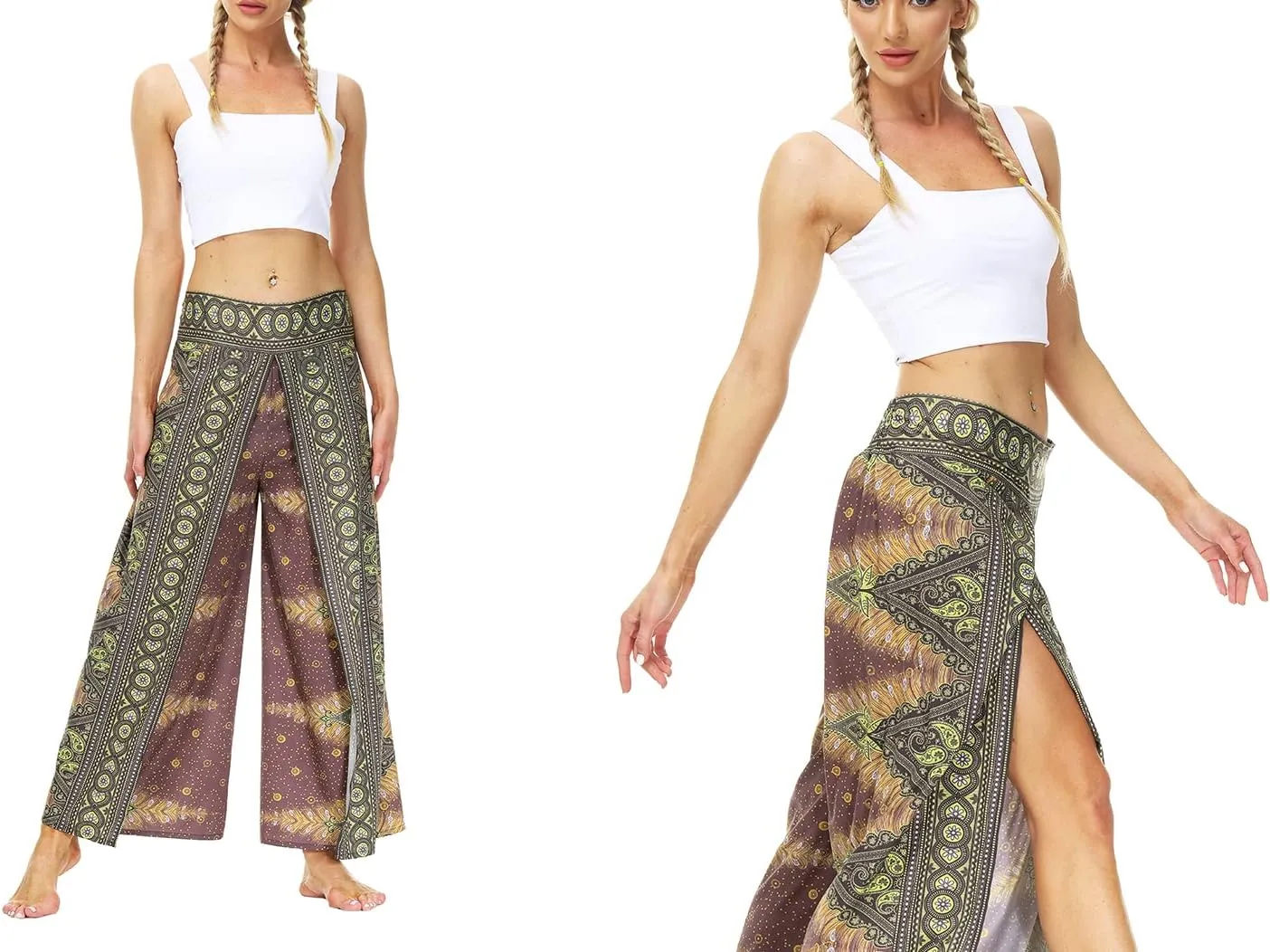 Ainuno Boho Pants Wide Leg Palazzo Pants with Slits for Women Flowy Hippie Pants Thin