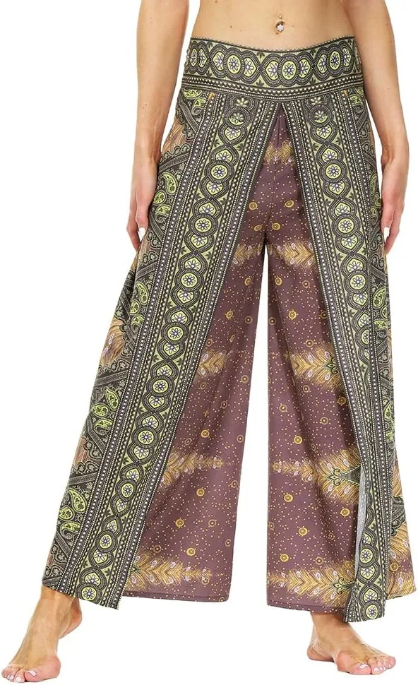 Ainuno Boho Pants Wide Leg Palazzo Pants with Slits for Women Flowy Hippie Pants Thin