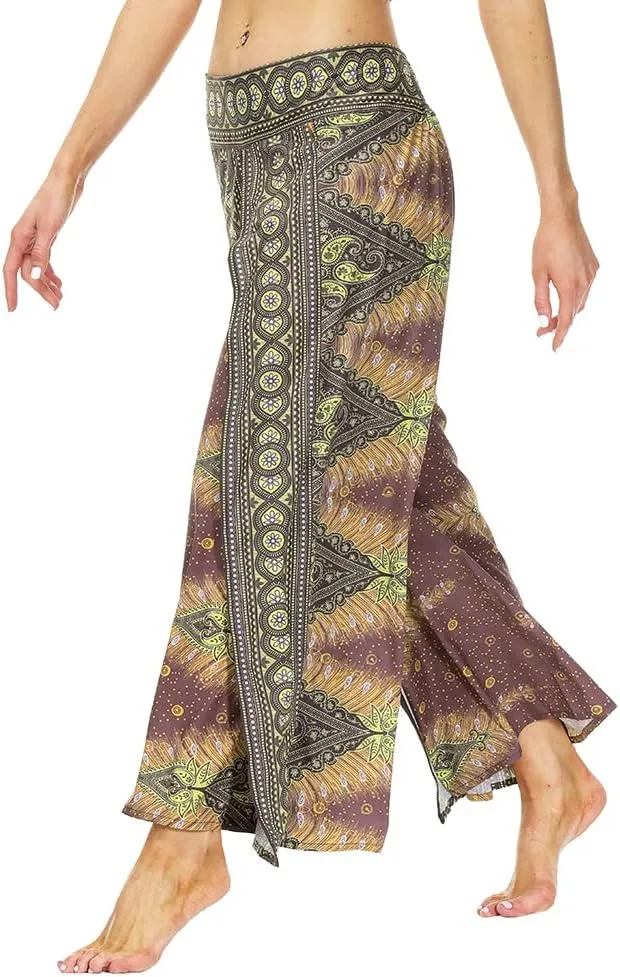 Ainuno Boho Pants Wide Leg Palazzo Pants with Slits for Women Flowy Hippie Pants Thin