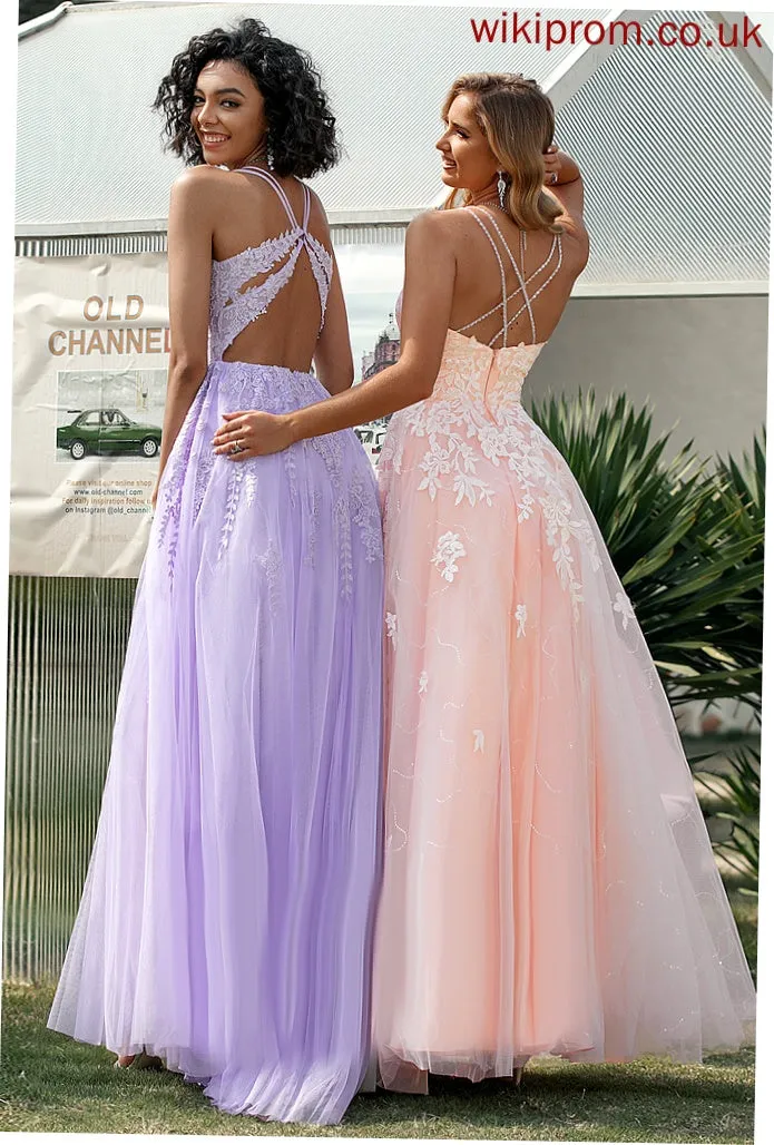 Amiyah Ball-Gown/Princess Lace Floor-Length Tulle Square Prom Dresses With Sequins