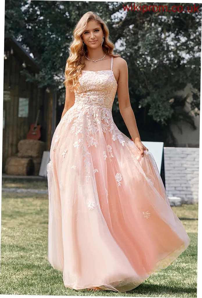 Amiyah Ball-Gown/Princess Lace Floor-Length Tulle Square Prom Dresses With Sequins