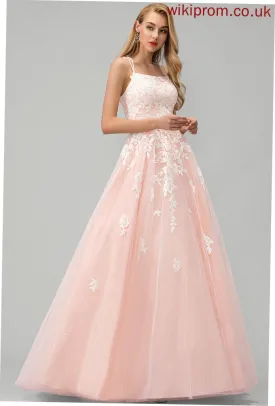 Amiyah Ball-Gown/Princess Lace Floor-Length Tulle Square Prom Dresses With Sequins