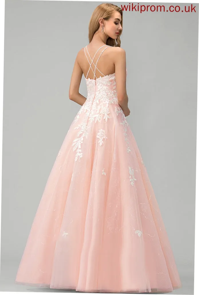 Amiyah Ball-Gown/Princess Lace Floor-Length Tulle Square Prom Dresses With Sequins