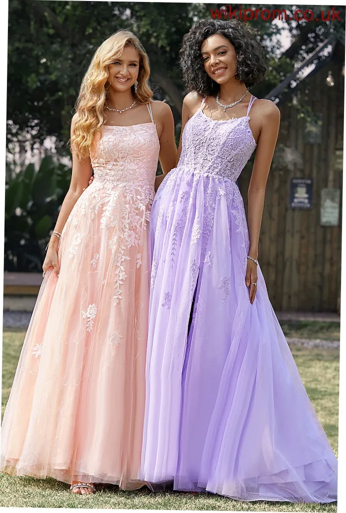 Amiyah Ball-Gown/Princess Lace Floor-Length Tulle Square Prom Dresses With Sequins