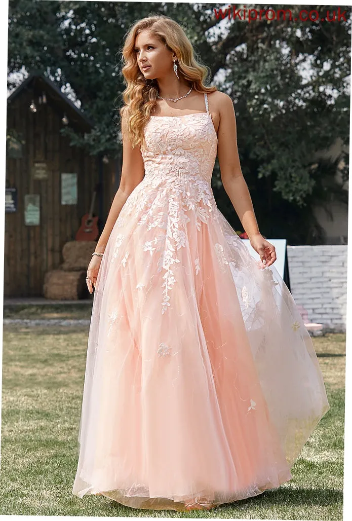 Amiyah Ball-Gown/Princess Lace Floor-Length Tulle Square Prom Dresses With Sequins