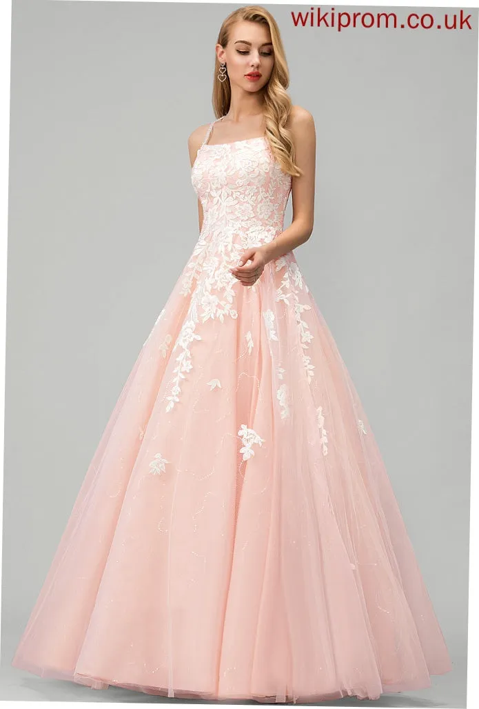 Amiyah Ball-Gown/Princess Lace Floor-Length Tulle Square Prom Dresses With Sequins