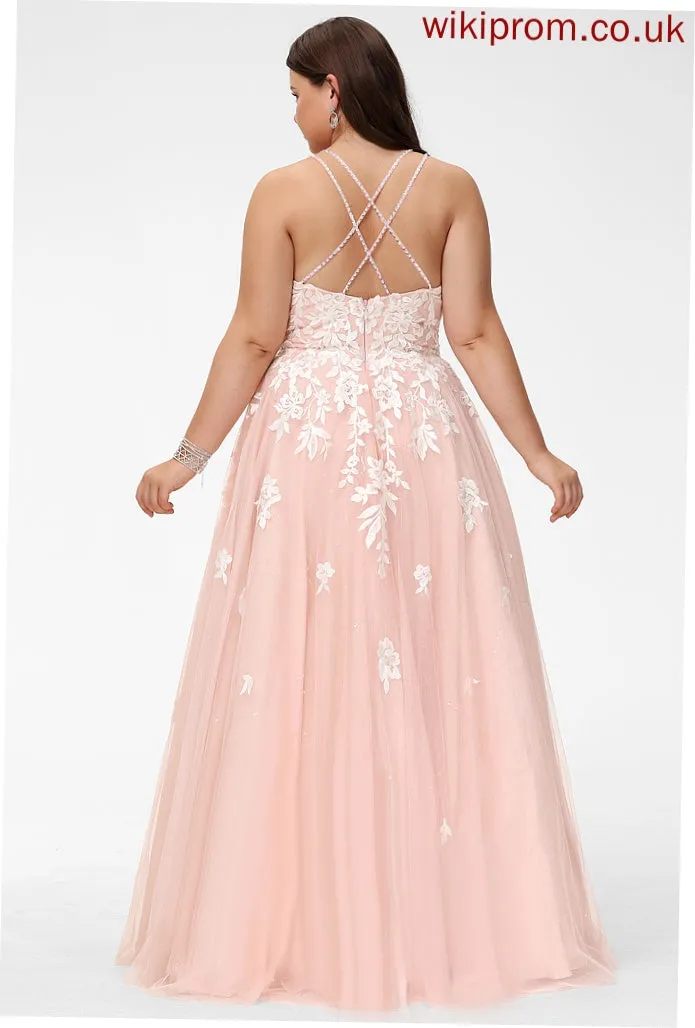 Amiyah Ball-Gown/Princess Lace Floor-Length Tulle Square Prom Dresses With Sequins