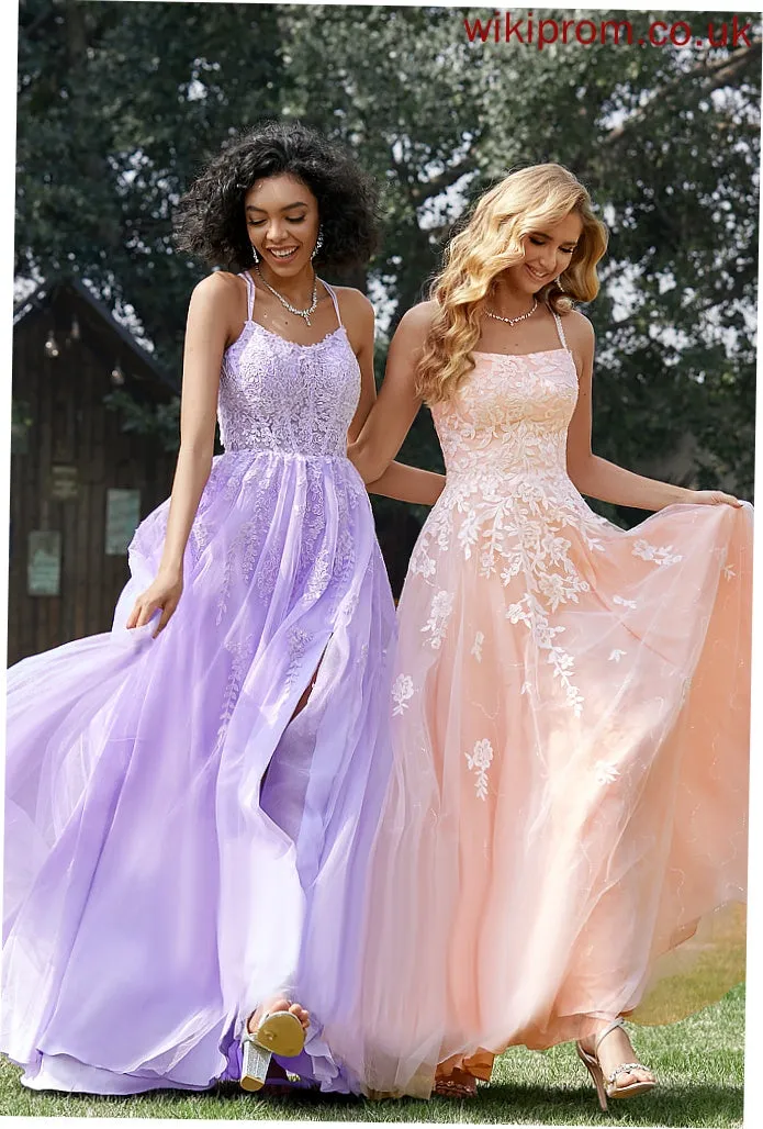 Amiyah Ball-Gown/Princess Lace Floor-Length Tulle Square Prom Dresses With Sequins