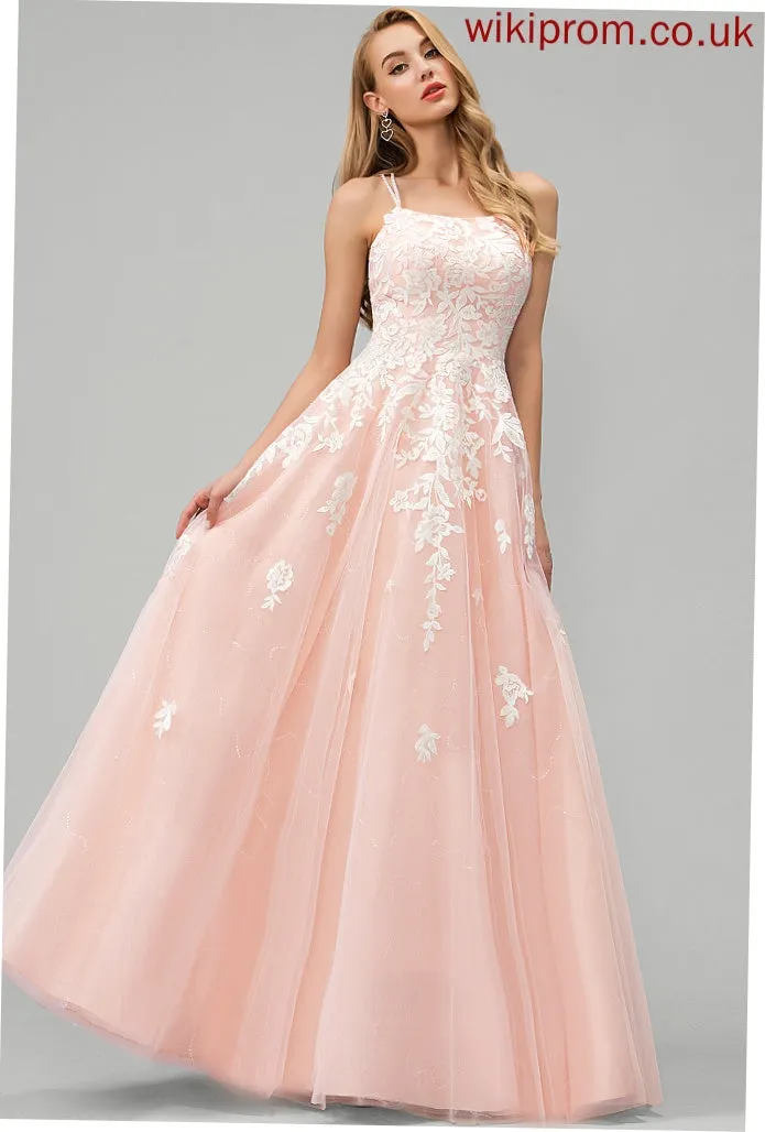 Amiyah Ball-Gown/Princess Lace Floor-Length Tulle Square Prom Dresses With Sequins