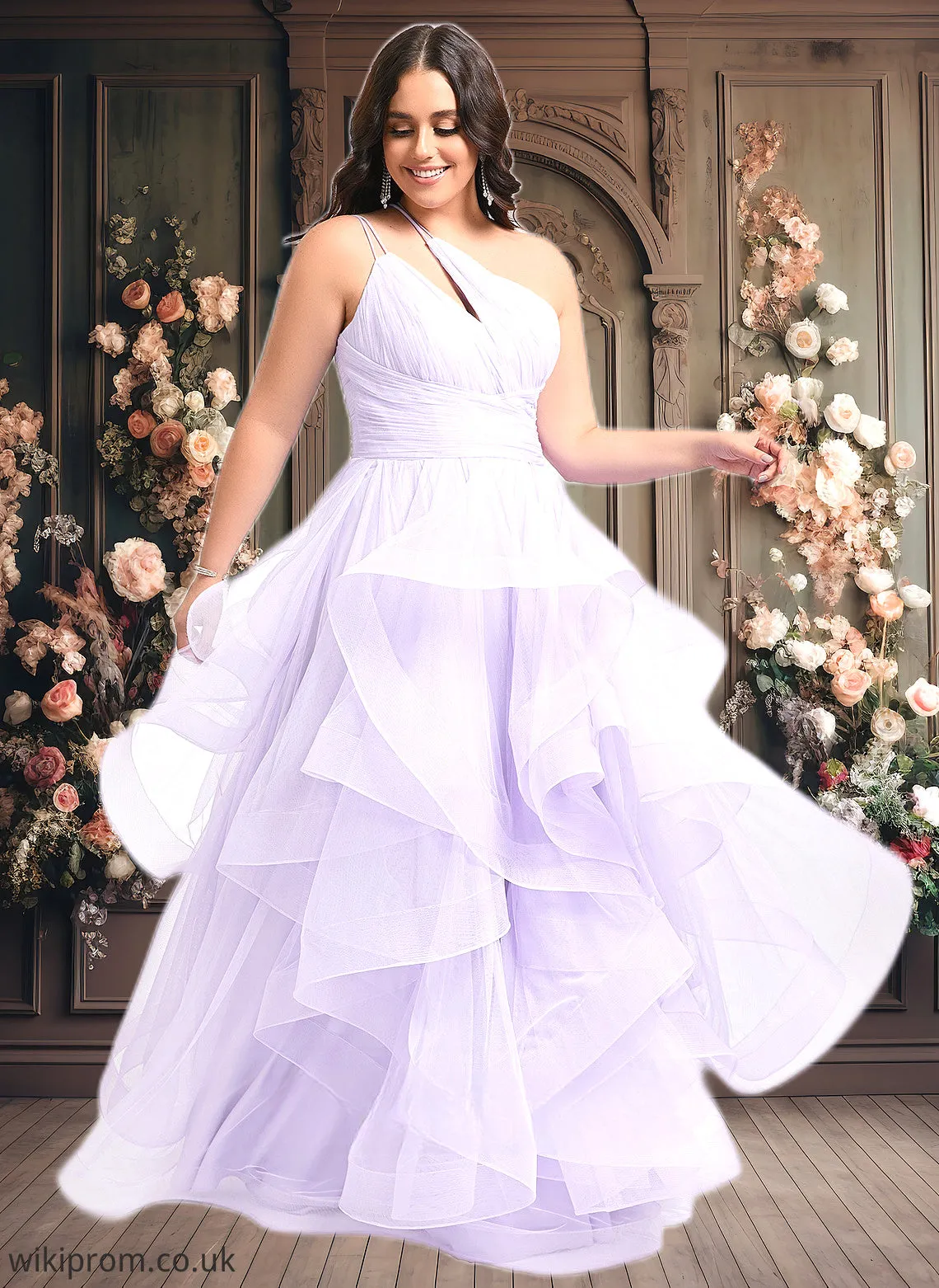 Annabella Ball-Gown/Princess Asymmetrical One Shoulder Floor-Length Tulle Prom Dresses SWKP0025867