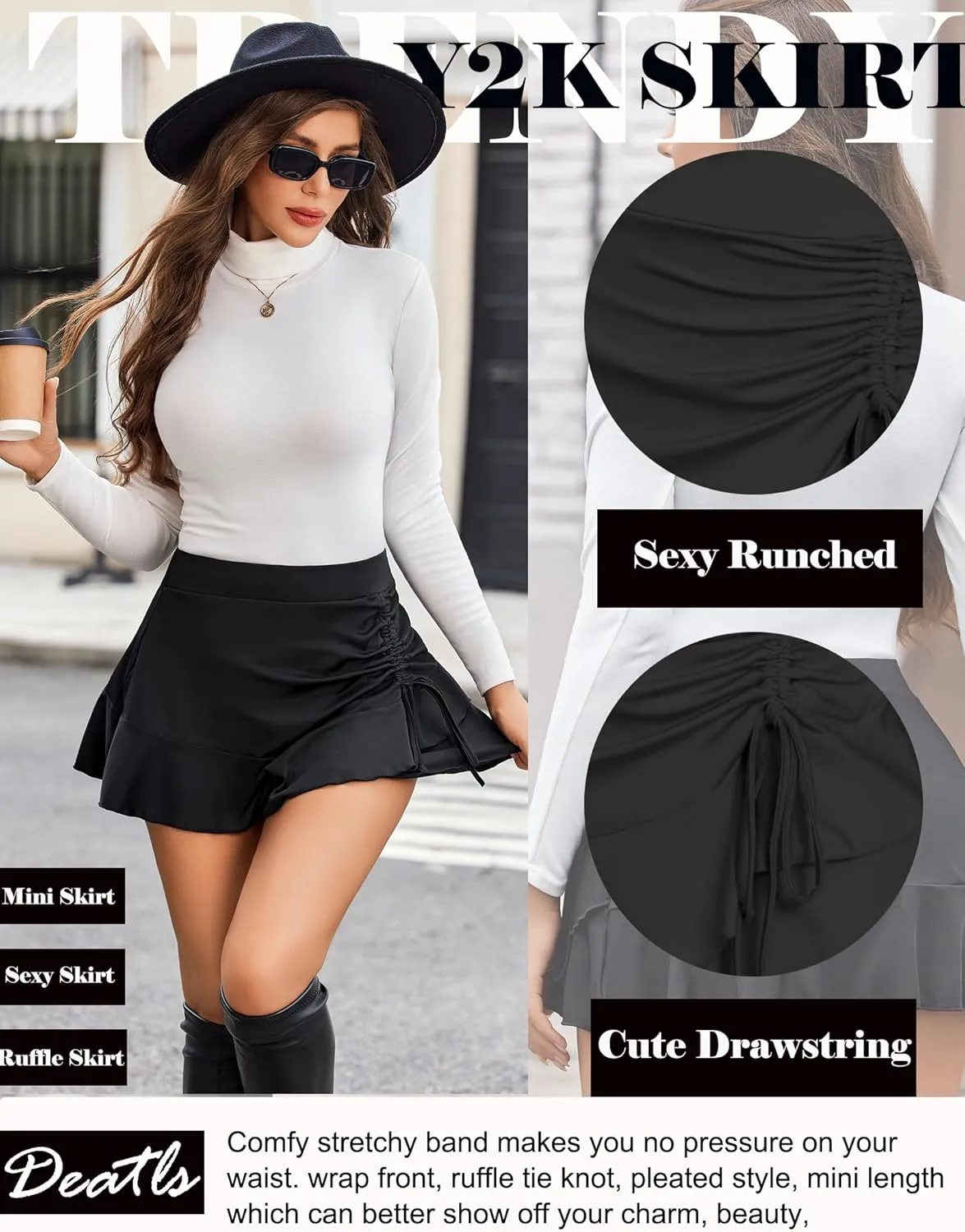 Avidlove Womens Pleated Mini Skirts Drawstring Wrap Ruffle Mini Skirt Sexy Y2k Skirt Ruched Tennis Skater Skirt