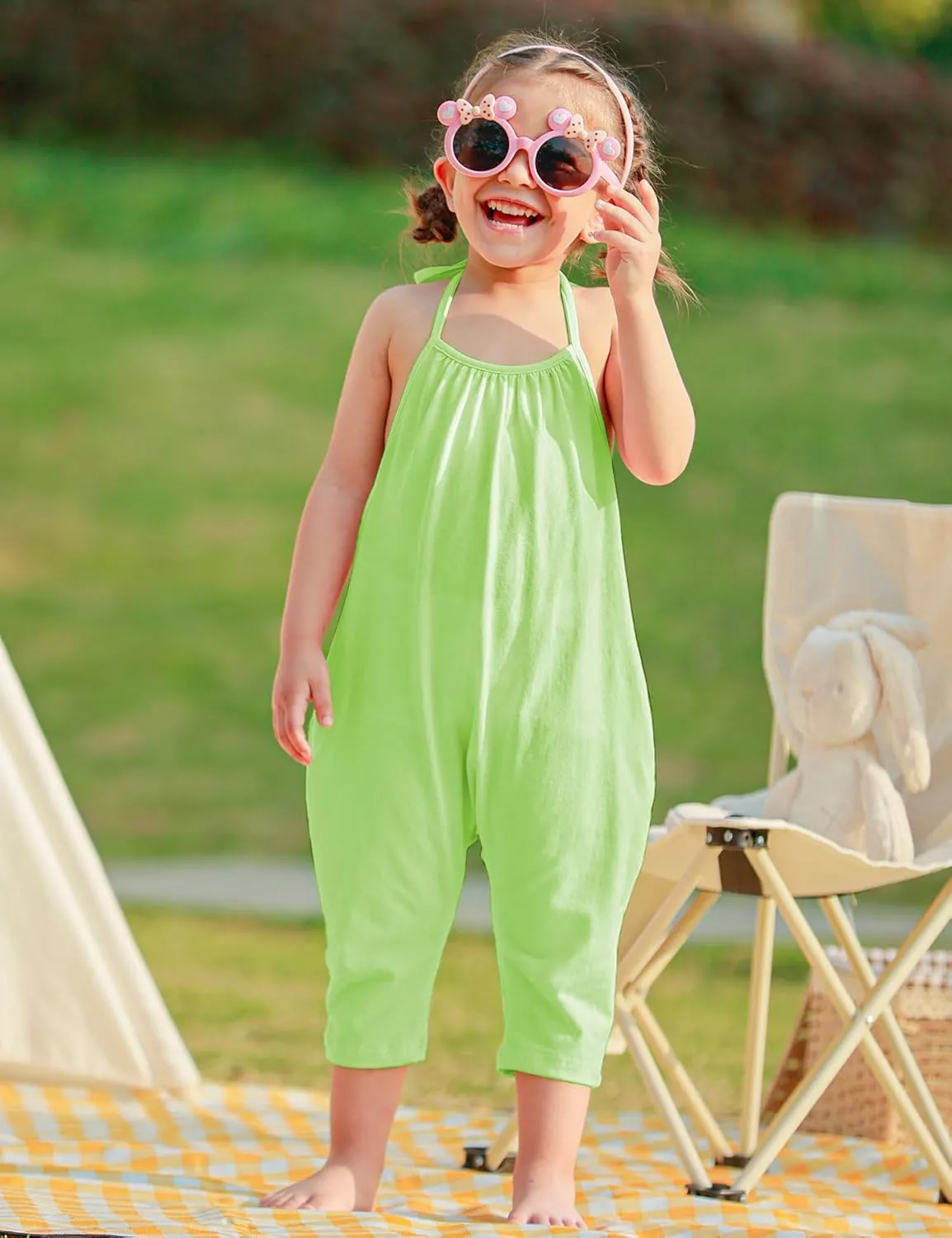 Backless Strap Slouch Jumpsuit for Toddler Girls Cute Harem Halter Romper Pants with Pockets