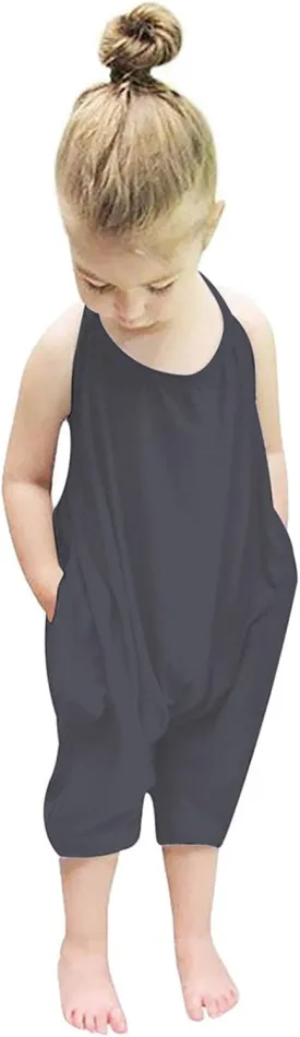 Backless Strap Slouch Jumpsuit for Toddler Girls Cute Harem Halter Romper Pants with Pockets