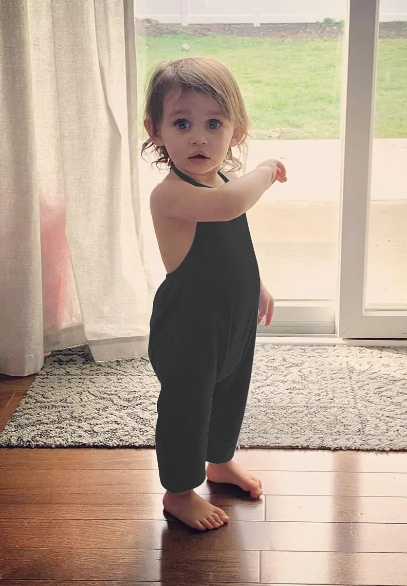Backless Strap Slouch Jumpsuit for Toddler Girls Cute Harem Halter Romper Pants with Pockets
