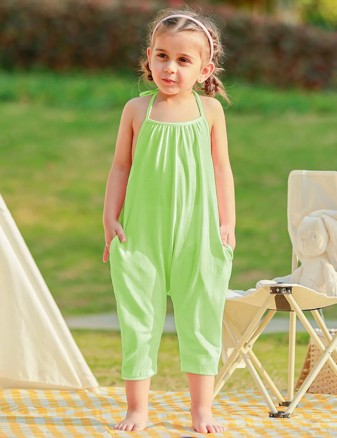 Backless Strap Slouch Jumpsuit for Toddler Girls Cute Harem Halter Romper Pants with Pockets