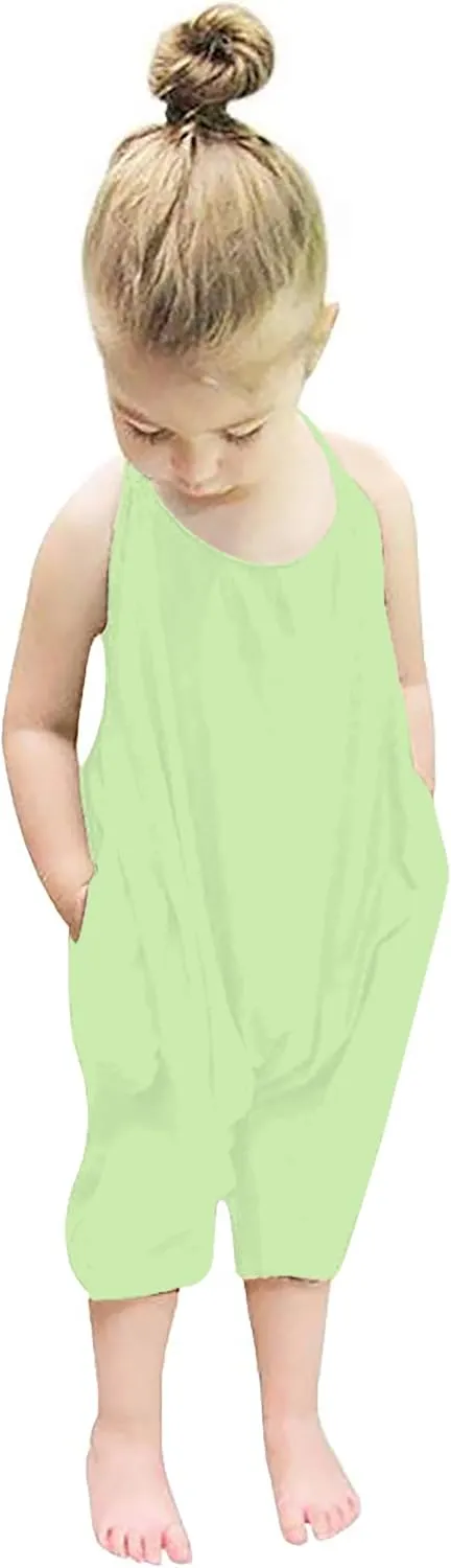 Backless Strap Slouch Jumpsuit for Toddler Girls Cute Harem Halter Romper Pants with Pockets
