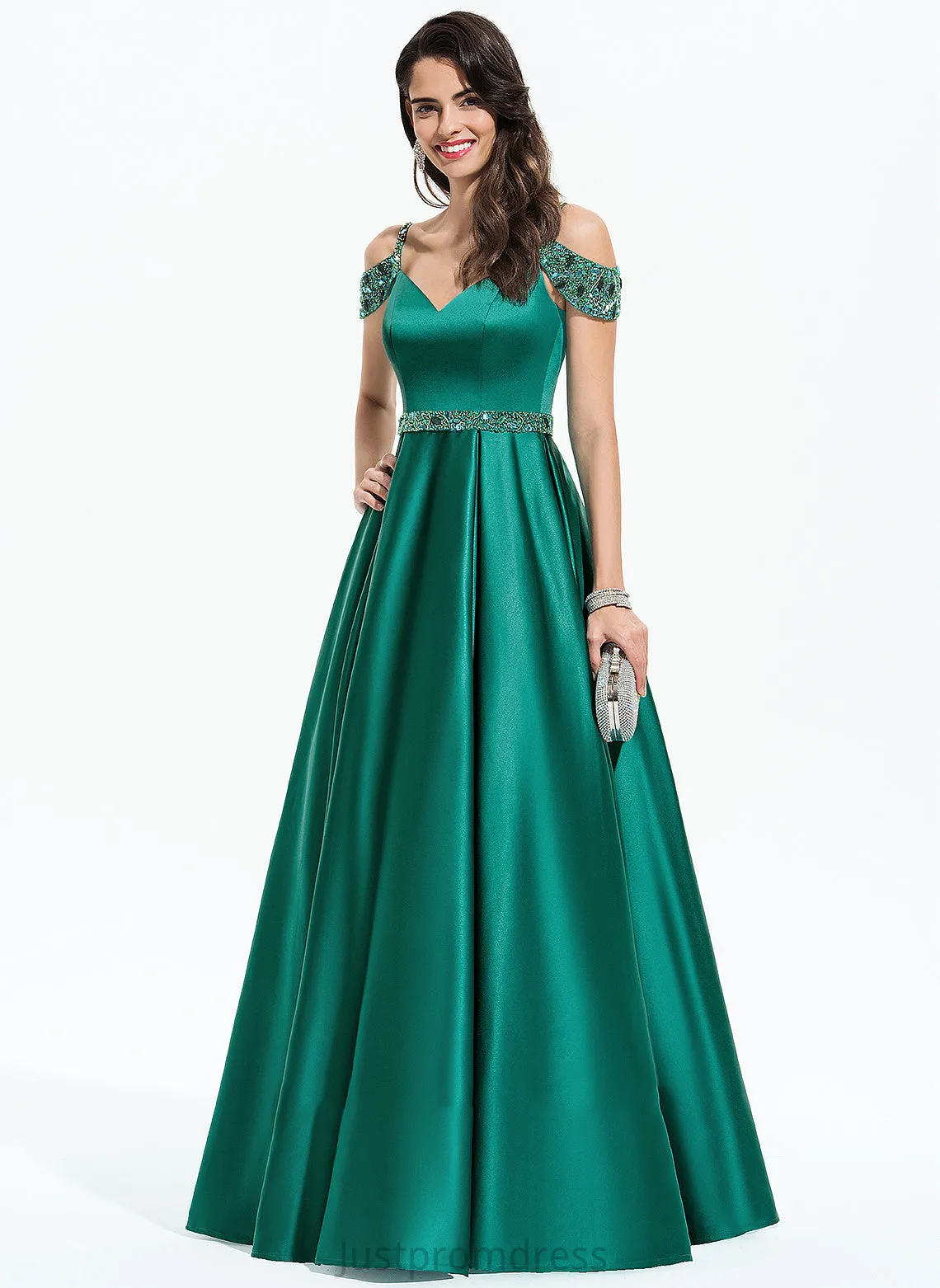 Beading Alissa V-neck Floor-Length Satin With Prom Dresses Ball-Gown/Princess Sequins