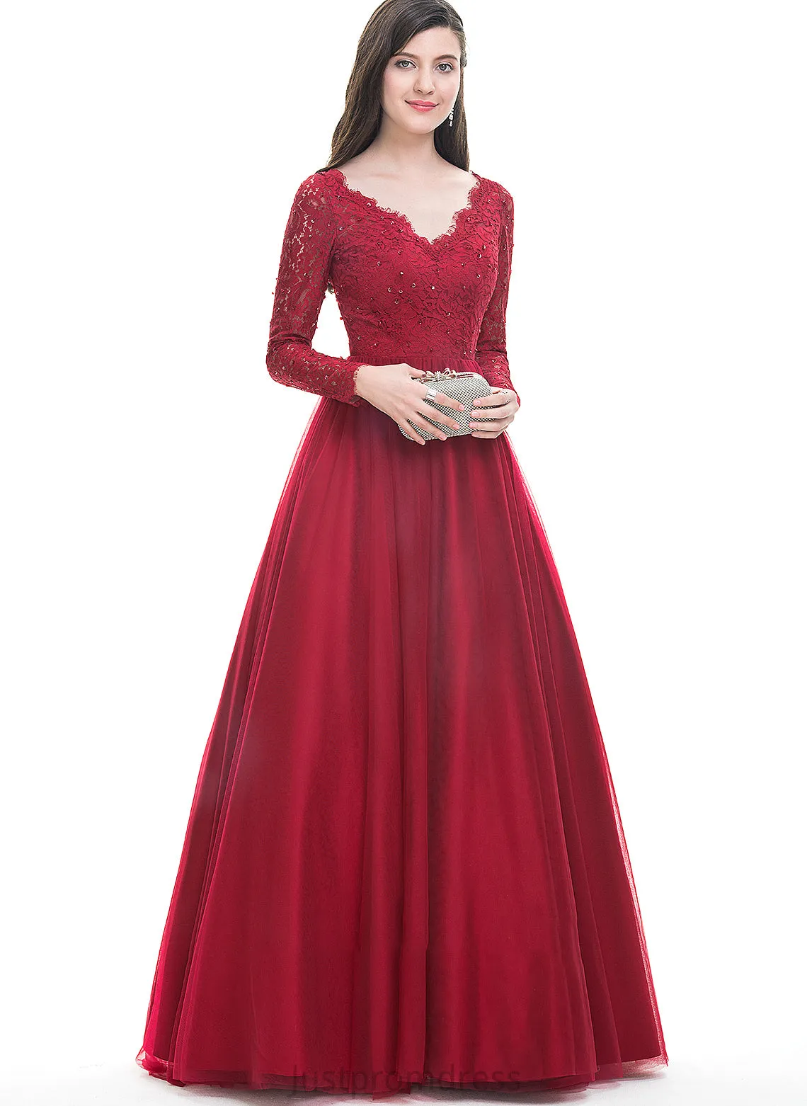 Beading With Floor-Length Tulle Prom Dresses Sequins Ball-Gown/Princess Tiffany V-neck