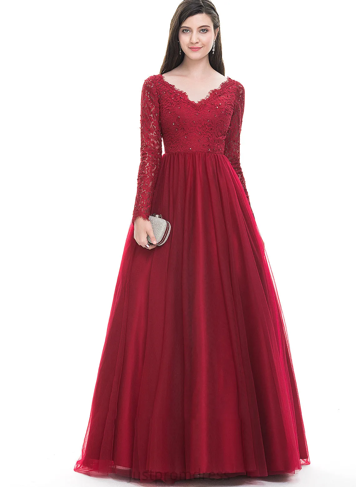 Beading With Floor-Length Tulle Prom Dresses Sequins Ball-Gown/Princess Tiffany V-neck