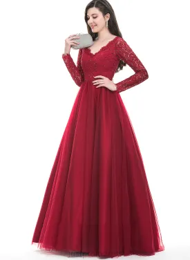 Beading With Floor-Length Tulle Prom Dresses Sequins Ball-Gown/Princess Tiffany V-neck