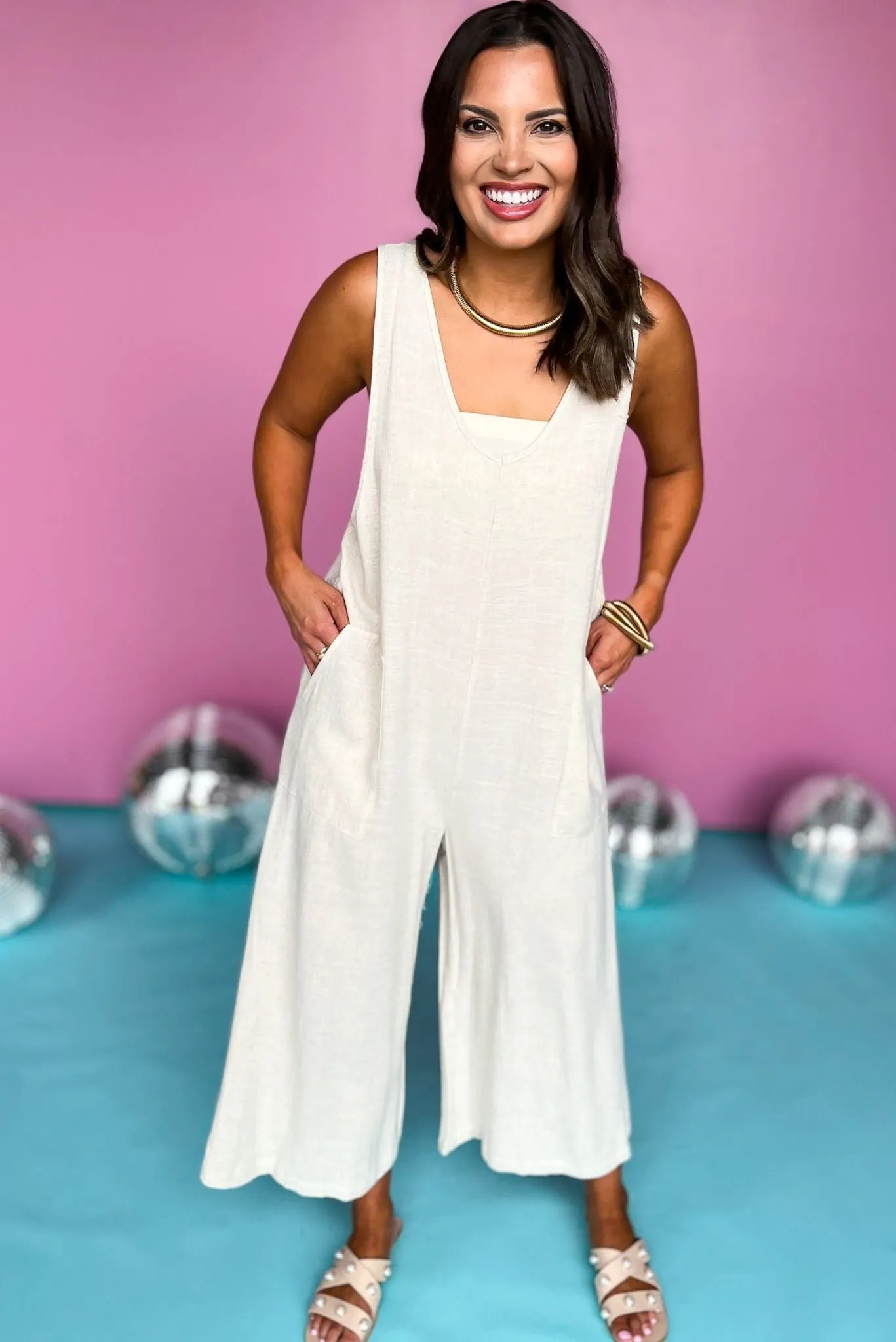 Beige Linen Sleeveless Side Pocket Wide Crop Jumpsuit