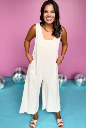 Beige Linen Sleeveless Side Pocket Wide Crop Jumpsuit