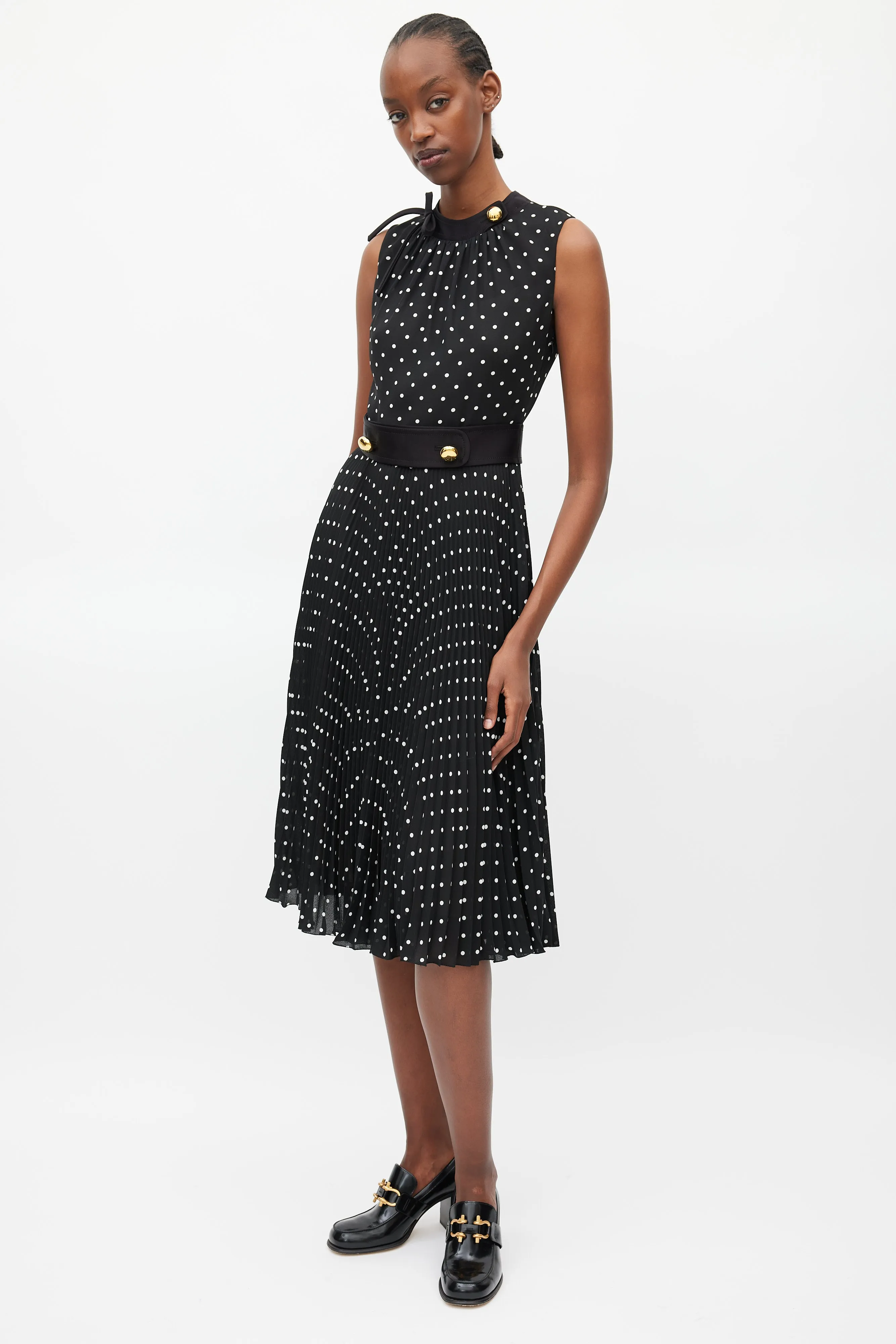 Black & White Polka Dot Pleated Belted Dress
