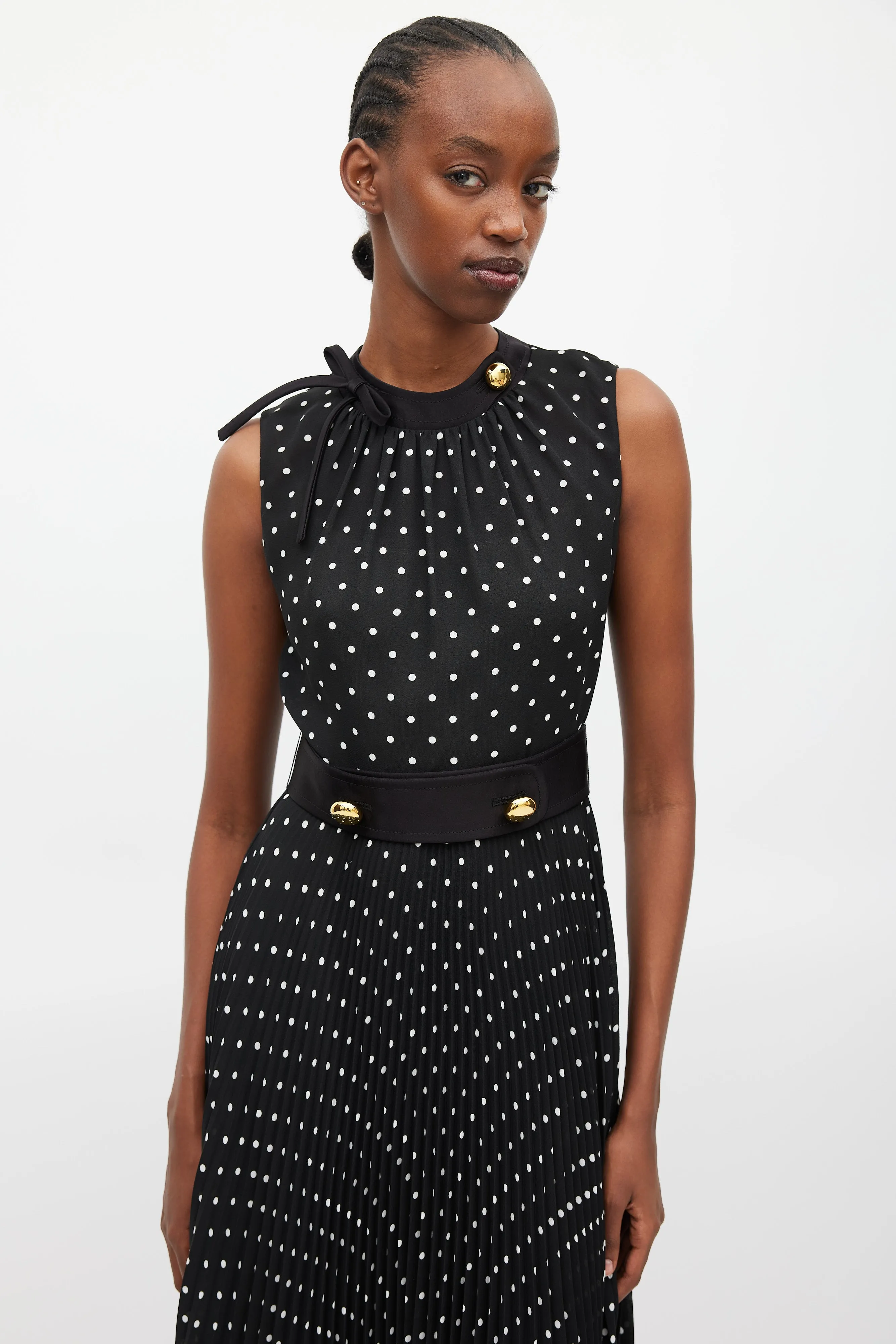 Black & White Polka Dot Pleated Belted Dress