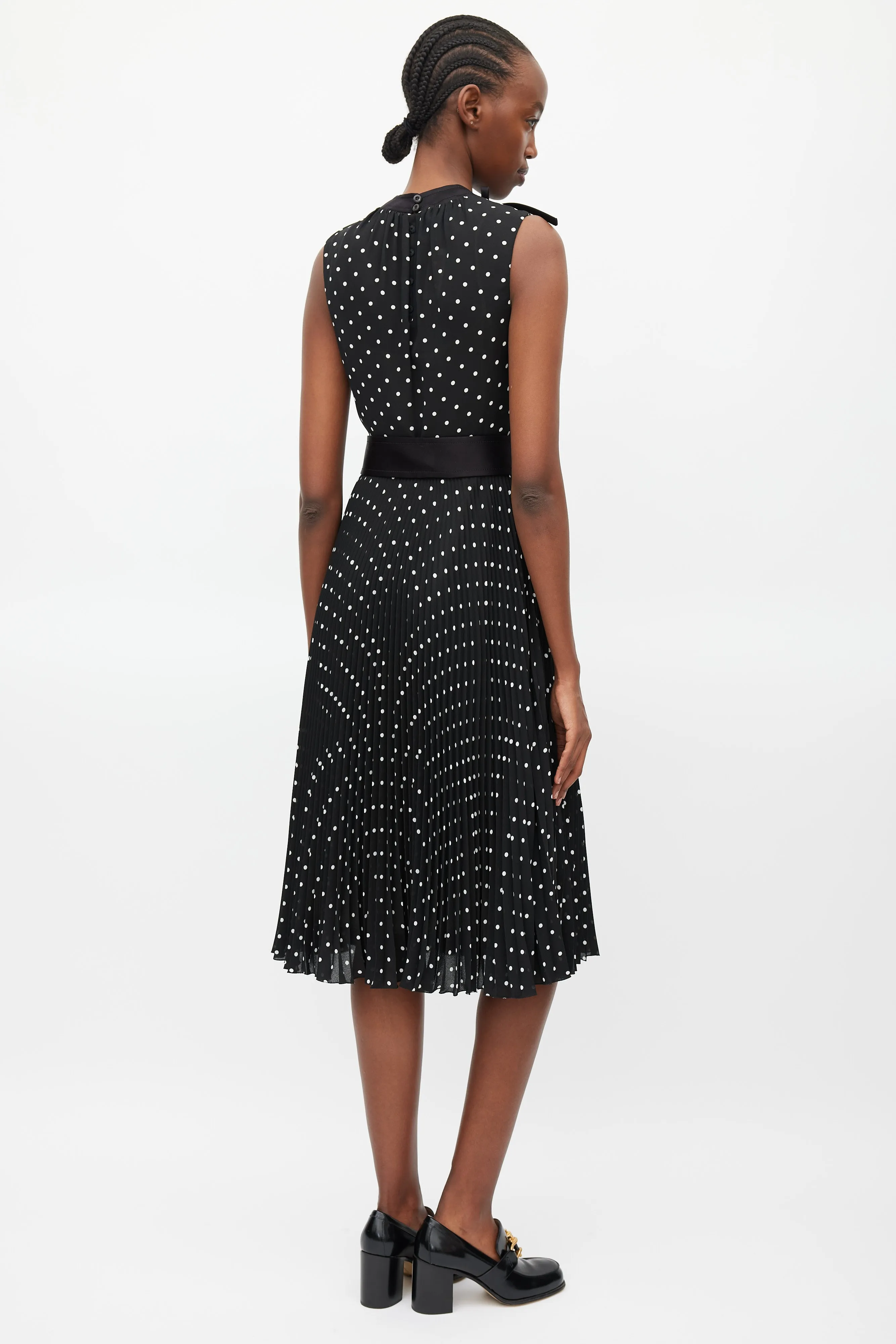 Black & White Polka Dot Pleated Belted Dress