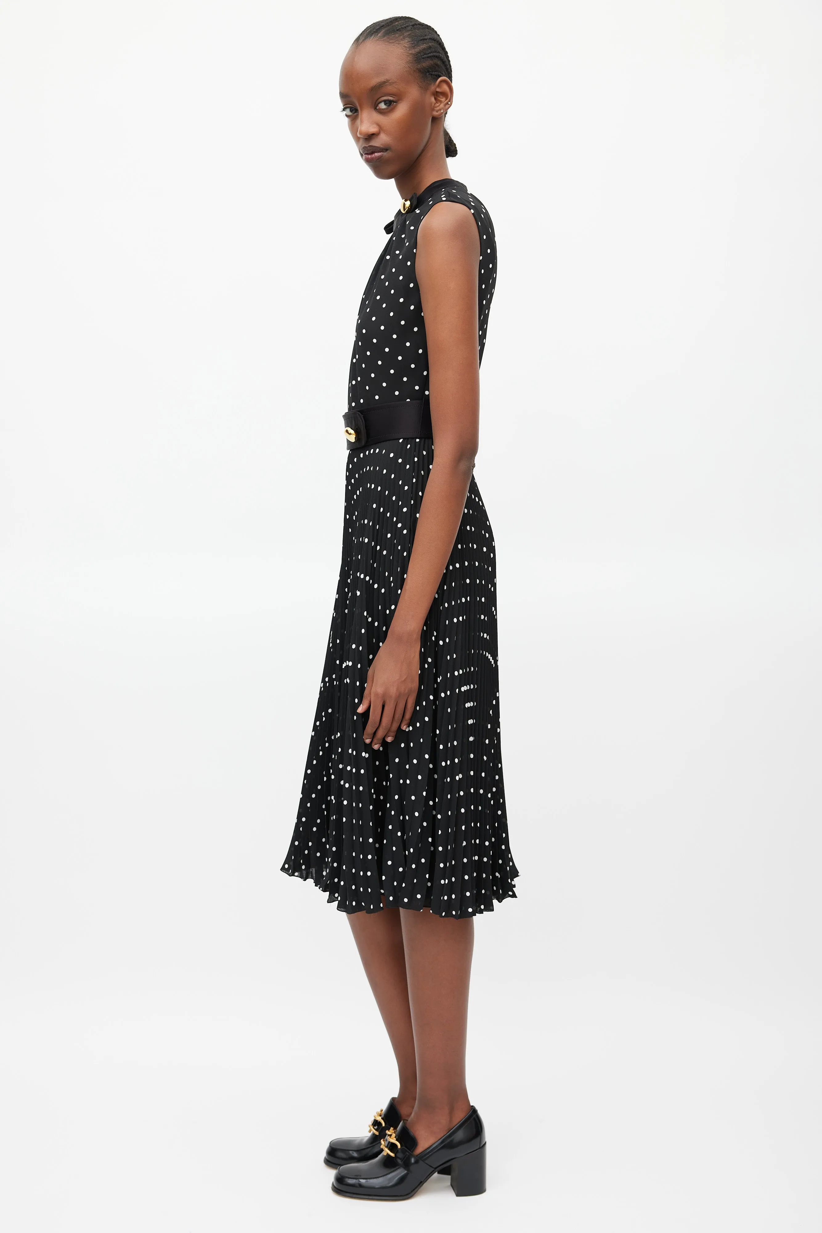 Black & White Polka Dot Pleated Belted Dress