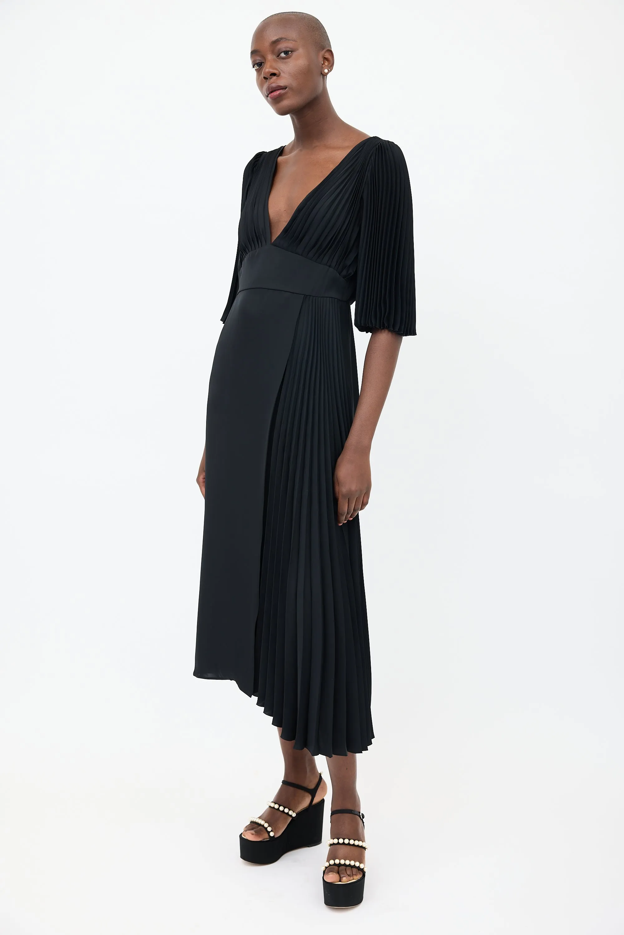 Black Asymmetrical Pleated Wrap Dress