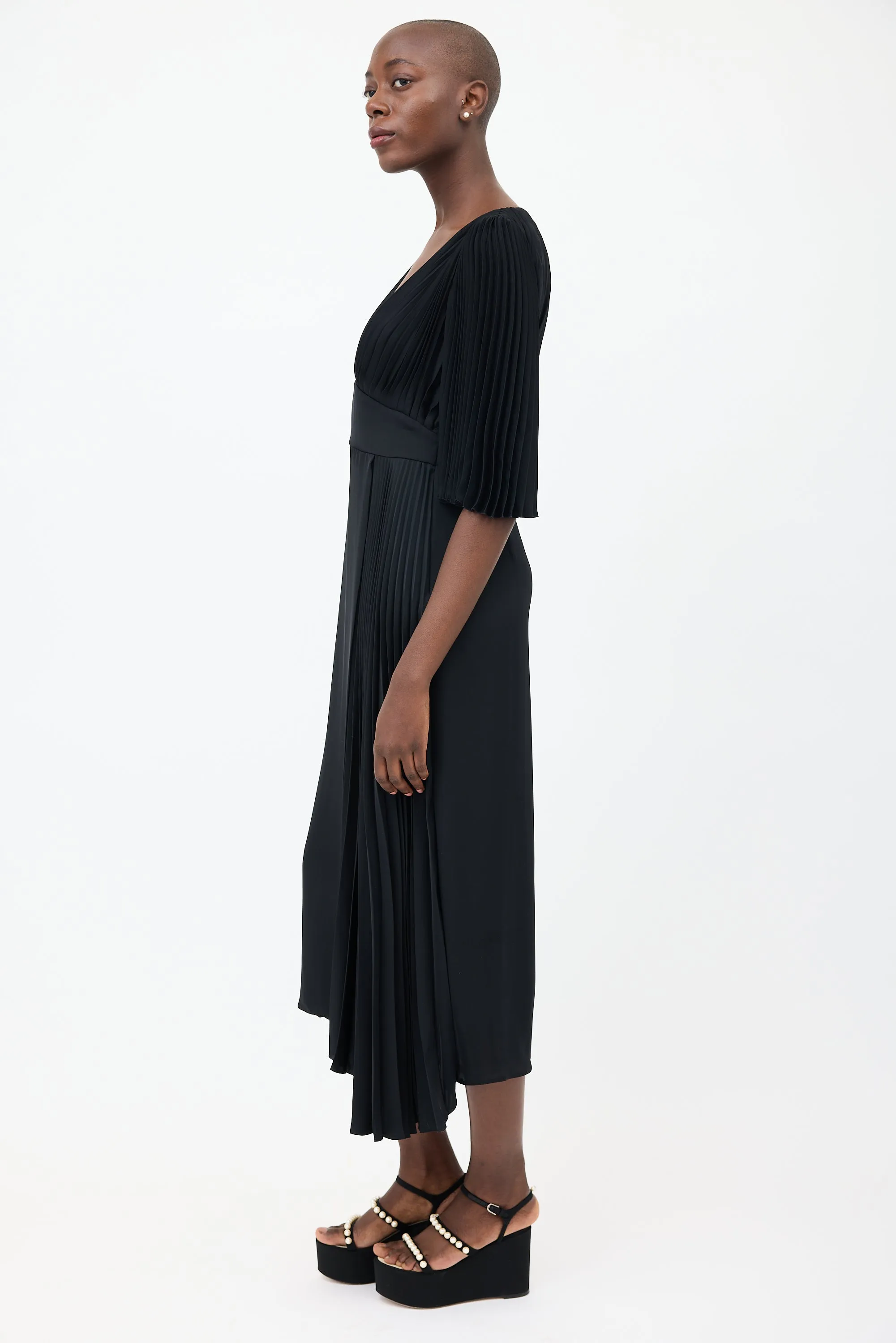 Black Asymmetrical Pleated Wrap Dress