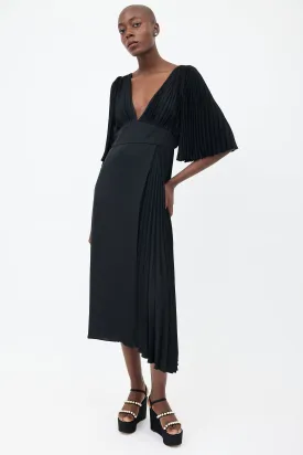 Black Asymmetrical Pleated Wrap Dress