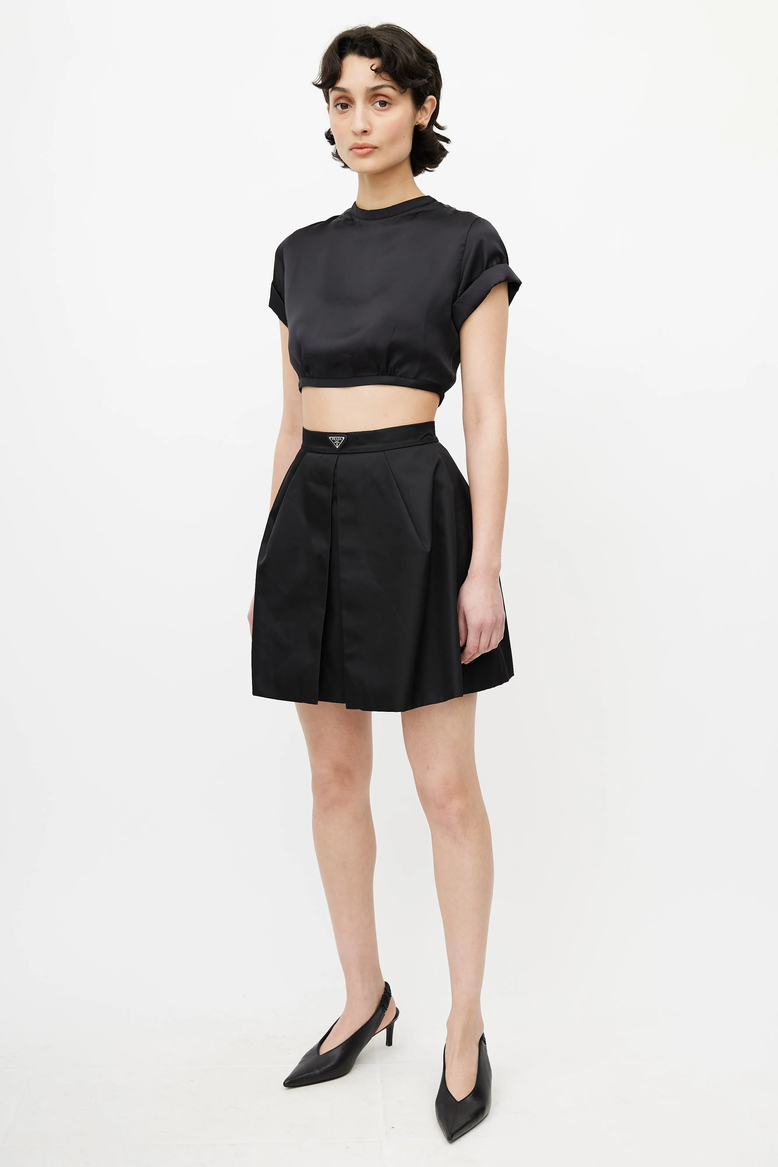 Black Logo Plaque Pleated Re-Nylon Skirt