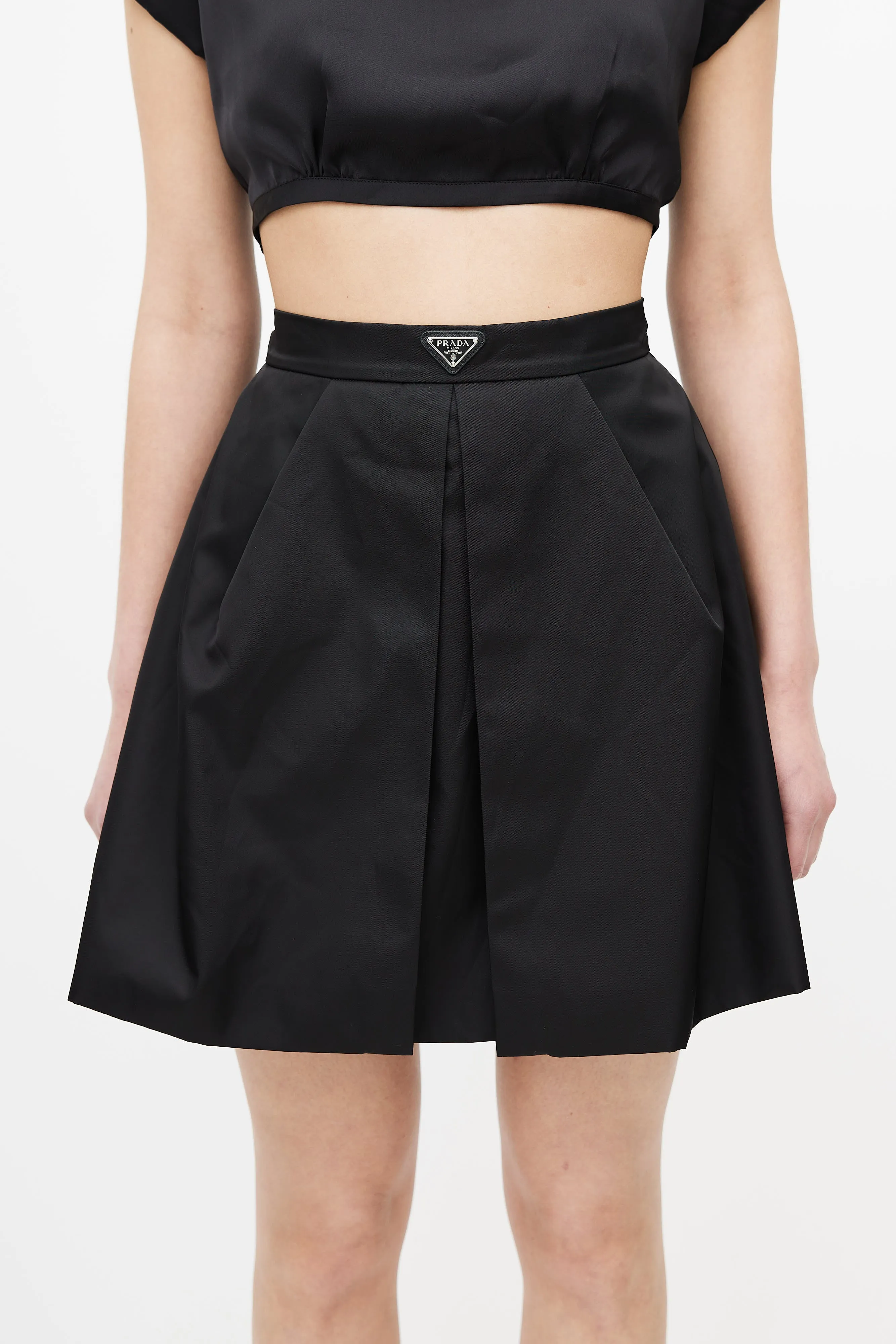 Black Logo Plaque Pleated Re-Nylon Skirt