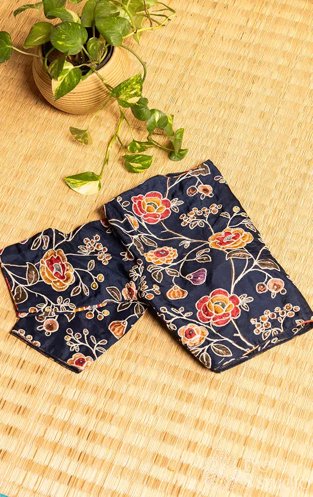 Blue floral printed semi silk readymade blouse with hand embroidery